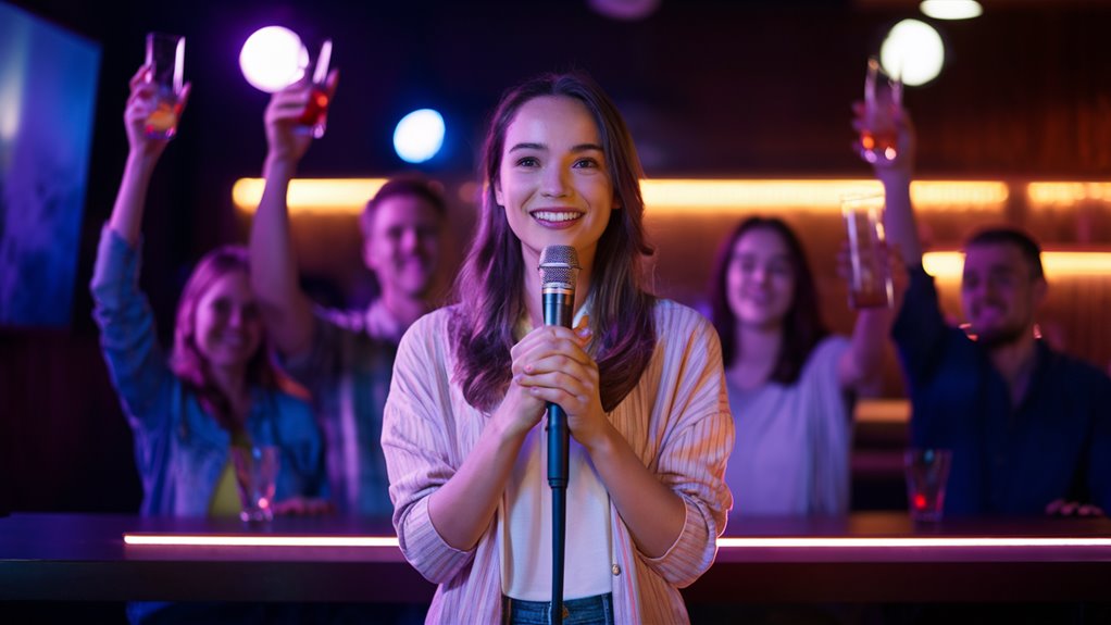 calm confidence while performing karaoke